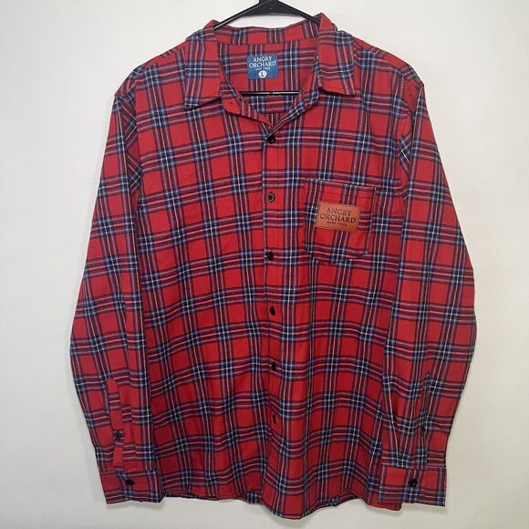 Angry Orchard Hard Cider Button Up Flannel Shirt Mens Size L Large Plaid Red - Picture 1 of 8